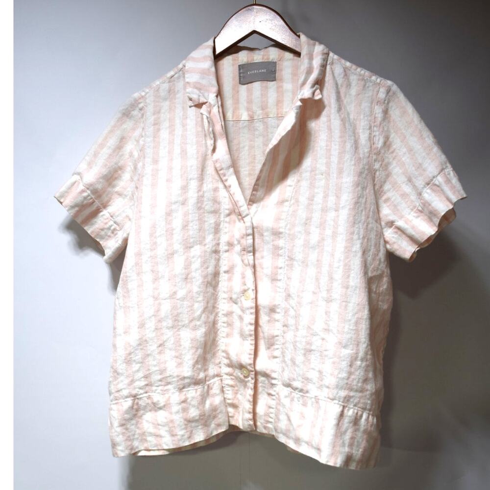 Everlane Pink White Striped Linen Camp Shirt Short Sleeve Button Front Women's M